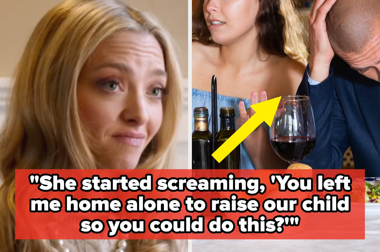 A split image: a woman in conversation, and a concerned couple at dinner. Caption below reads, "She started screaming, 'You left me home alone to raise our child so you could do this?'"