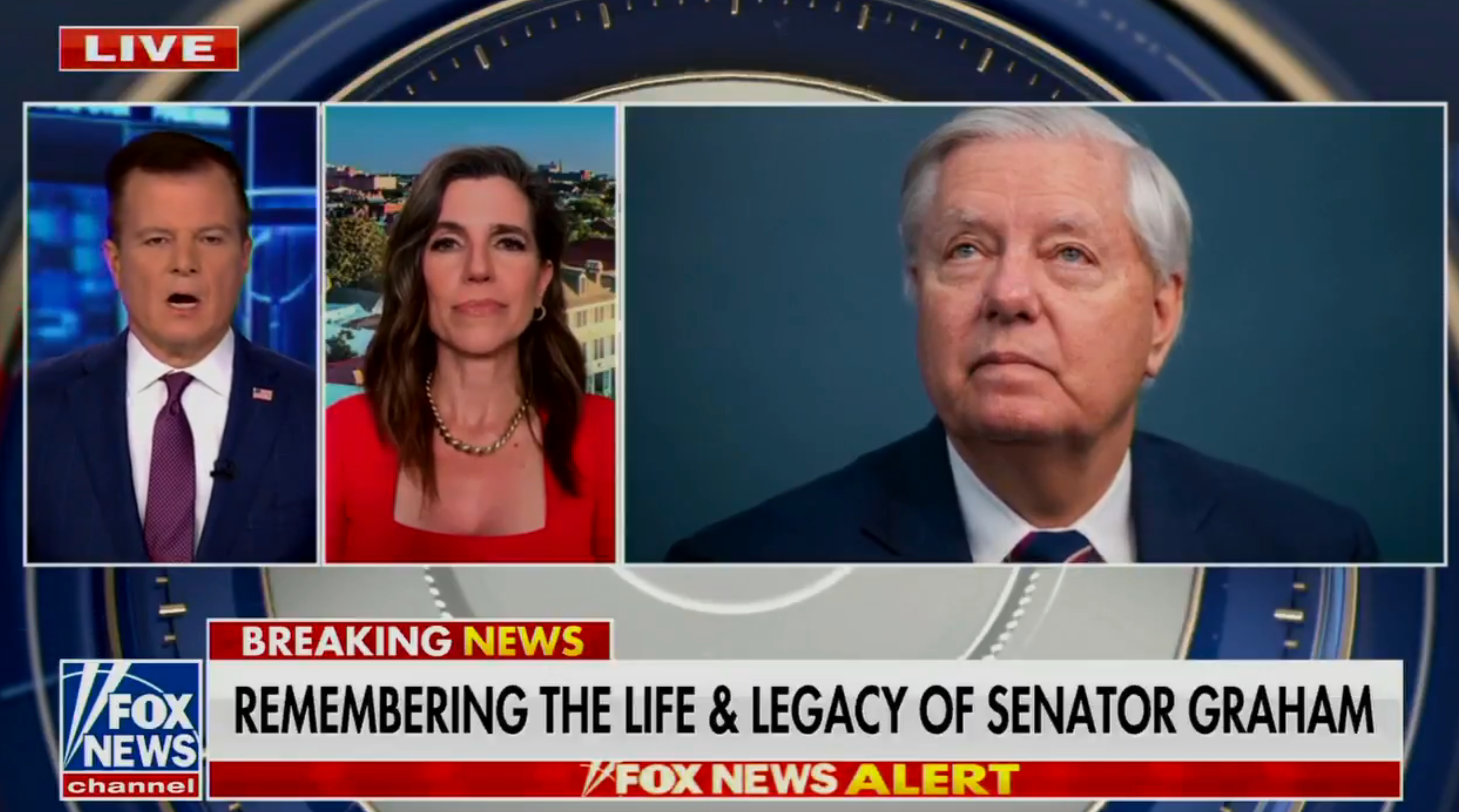 Siaran berita membahas kehidupan dan warisan Senator Graham dengan dua komentator dan foto Senator