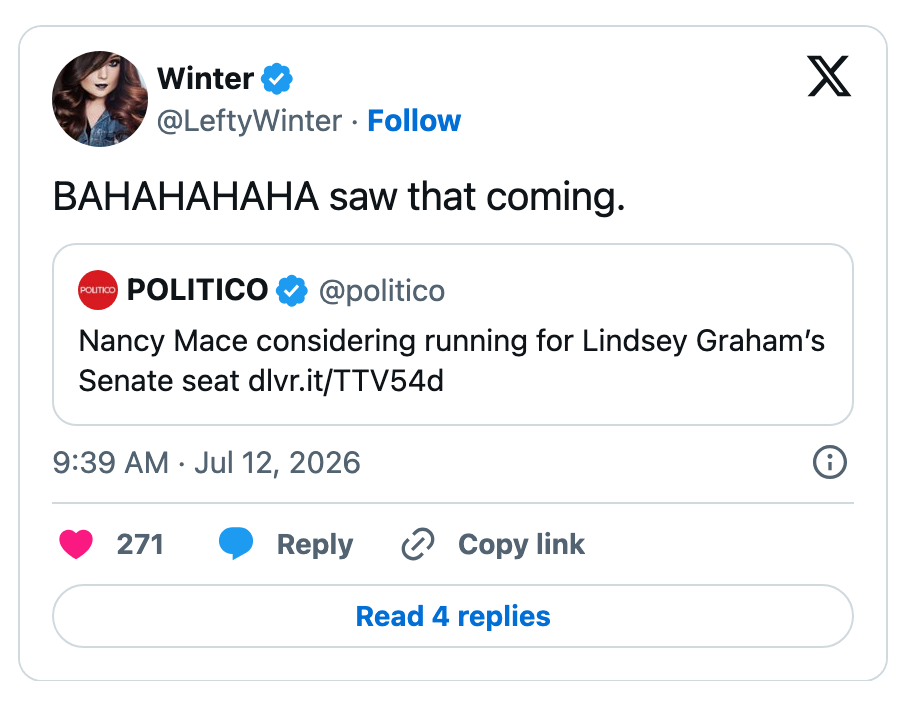 Tweet oleh Winter bereaksi lucu terhadap tautan berita tentang Nancy Mace yang mempertimbangkan mencalonkan diri untuk kursi Senat Lindsey Graham