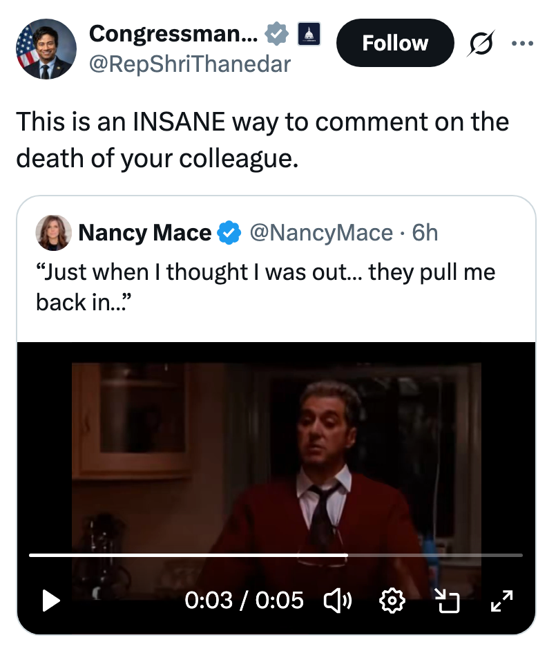 Tweet oleh Rep. Shri Thanedar mengutip tweet Nancy Mace dengan klip video. Ia mengomentari penggunaan budaya pop dalam wacana politik