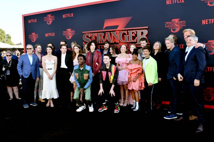 Group of actors and creators airs  astatine  a "Stranger Things" premiere lawsuit   connected  a reddish  carpet