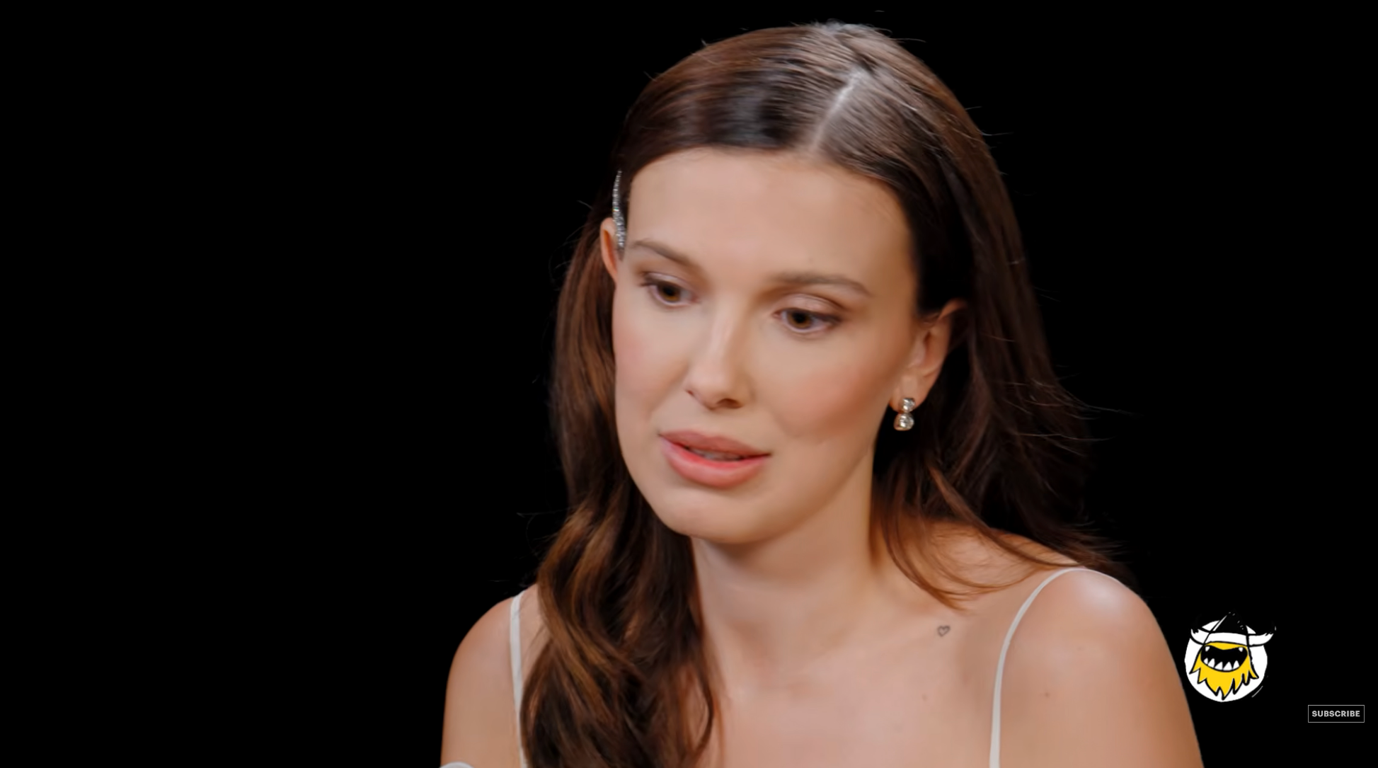 Millie Bobby Brown with agelong hair, wearing a minimalist, elegant outfit, during an interrogation oregon treatment connected a show