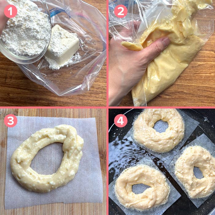 1. 豆腐とホットケーキミックスを袋に入れる。2. 生地をこねる。3. 生地を輪状に成形。4. 揚げる。