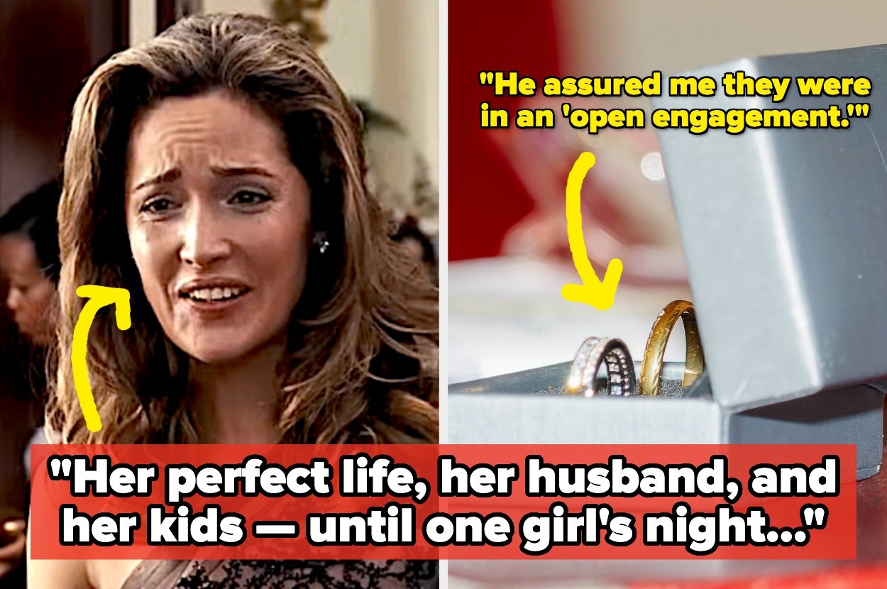 A concerned woman looks away while an engagement ring set is partially visible. Text: "Perfect life, husband, kids—until one girl's night..."