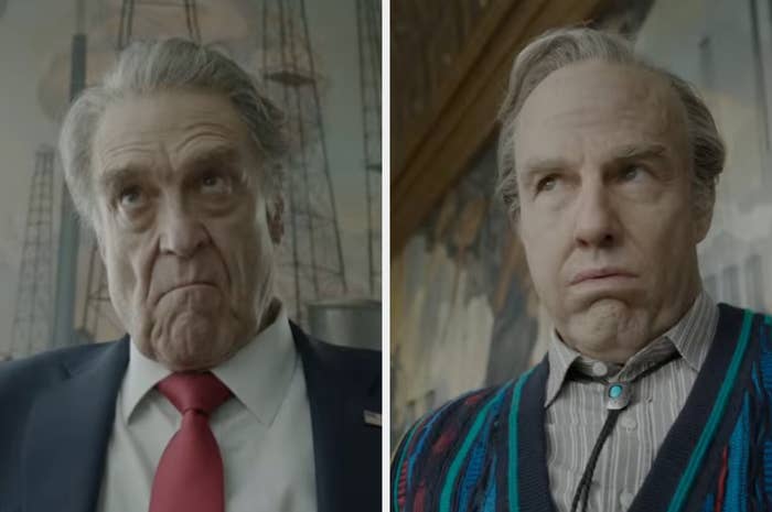 Two characters with serious expressions; left wears a suit and tie, right wears a sweater and collared shirt