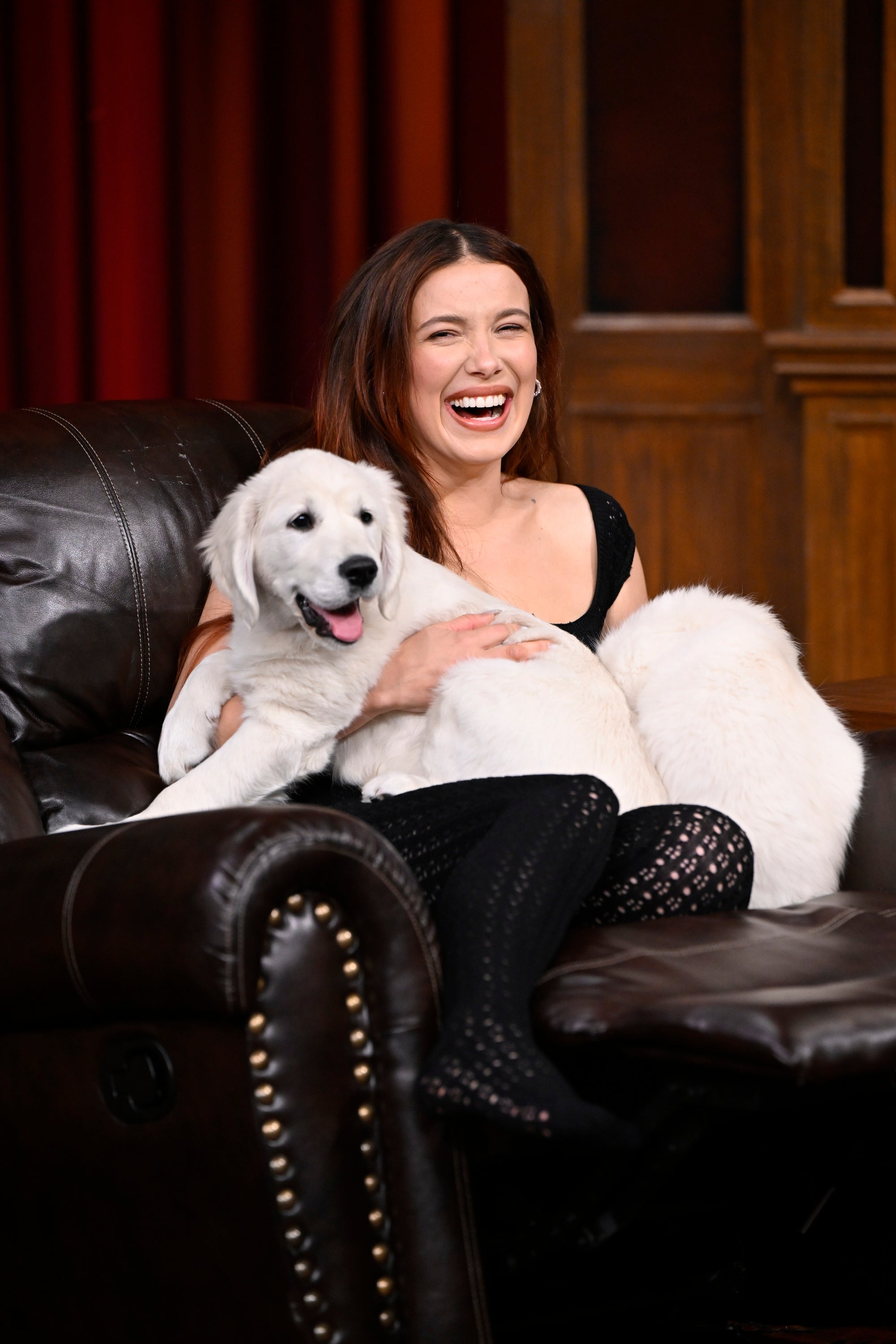 Millie sitting on a chair, smiling, with two fluffy puppies on her lap