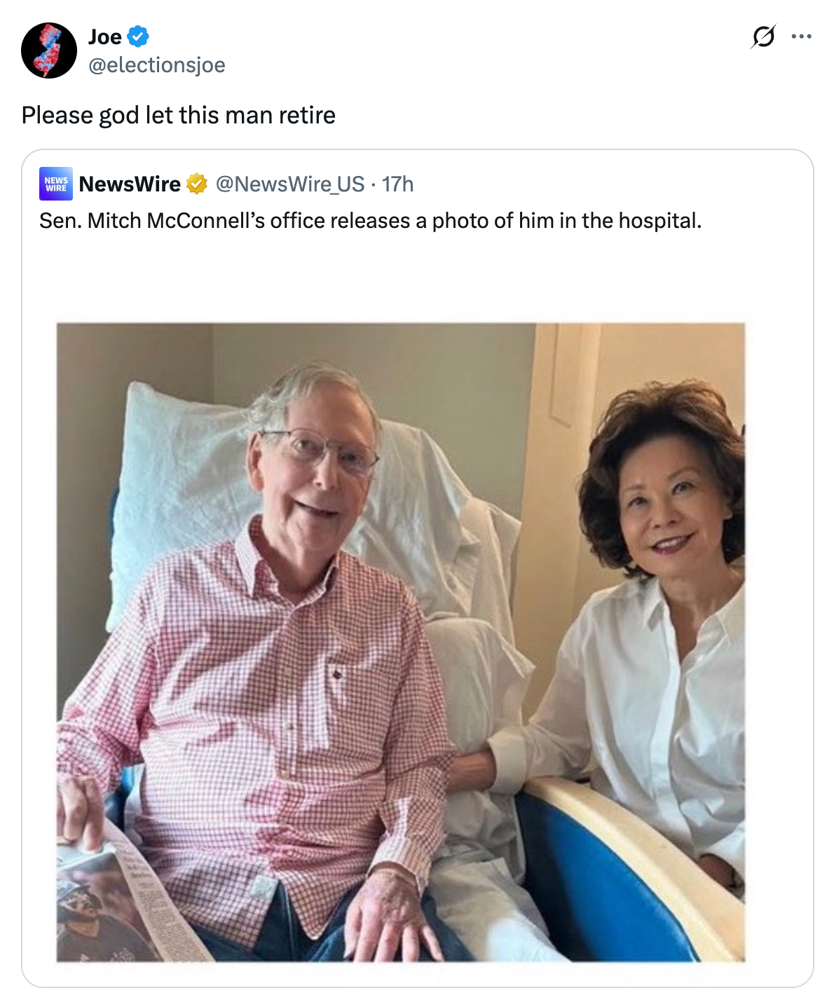 Two people seated together, one in a hospital bed. Overlay text expresses a wish for retirement