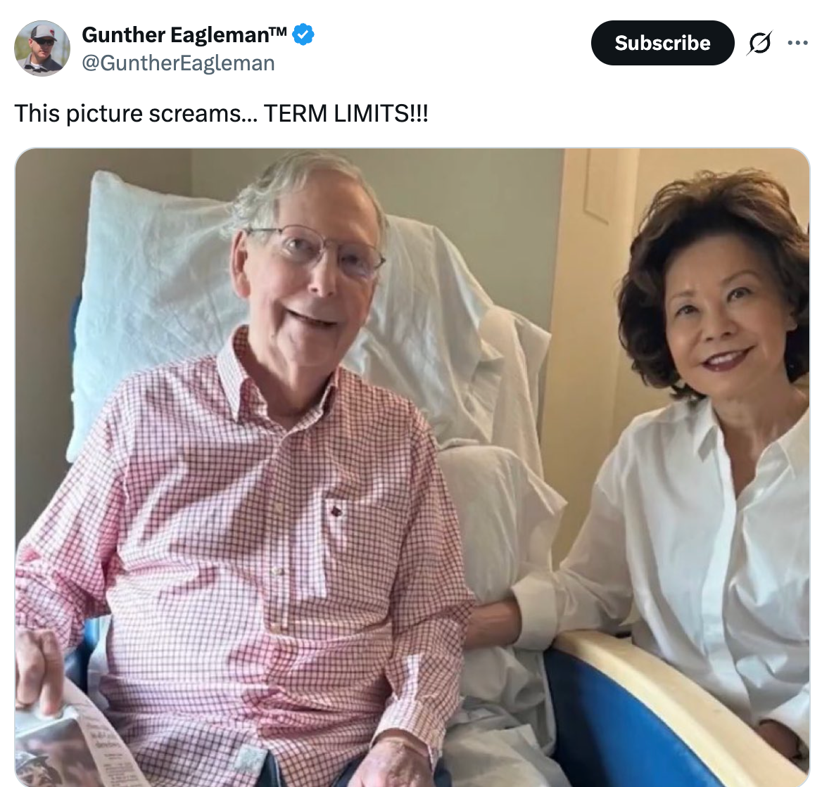 A man in a checkered shirt sitting next to a woman in a white shirt, both smiling, in a cozy setting. A humorous term limits caption is above