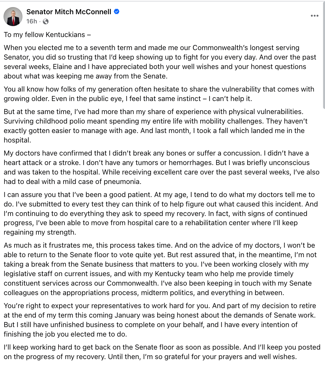 Senator Mitch McConnell addresses health concerns, detailing past incidents and expressing gratitude for support and well wishes from constituents