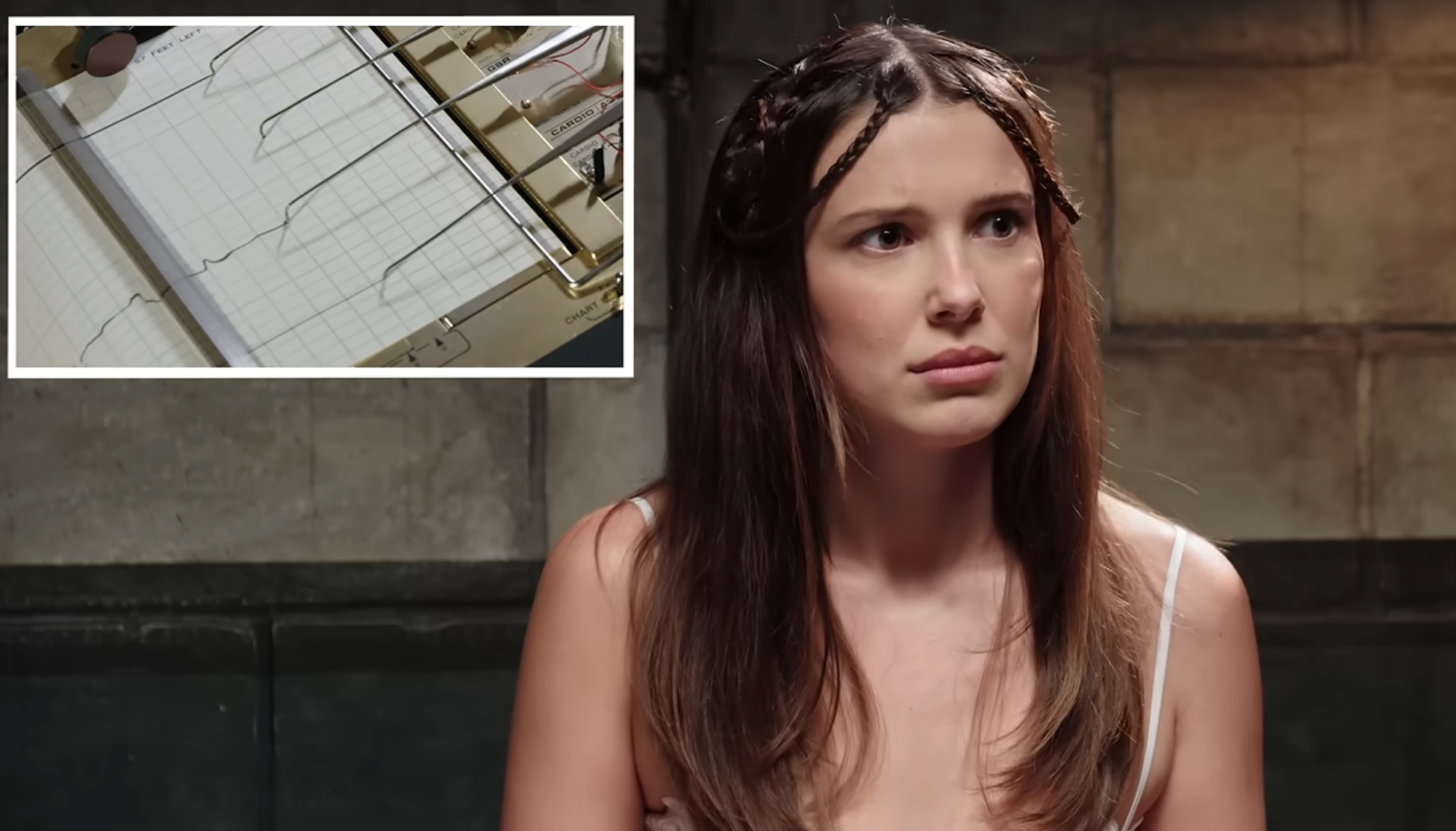 Millie taking a lie detector test, appearing focused and attentive