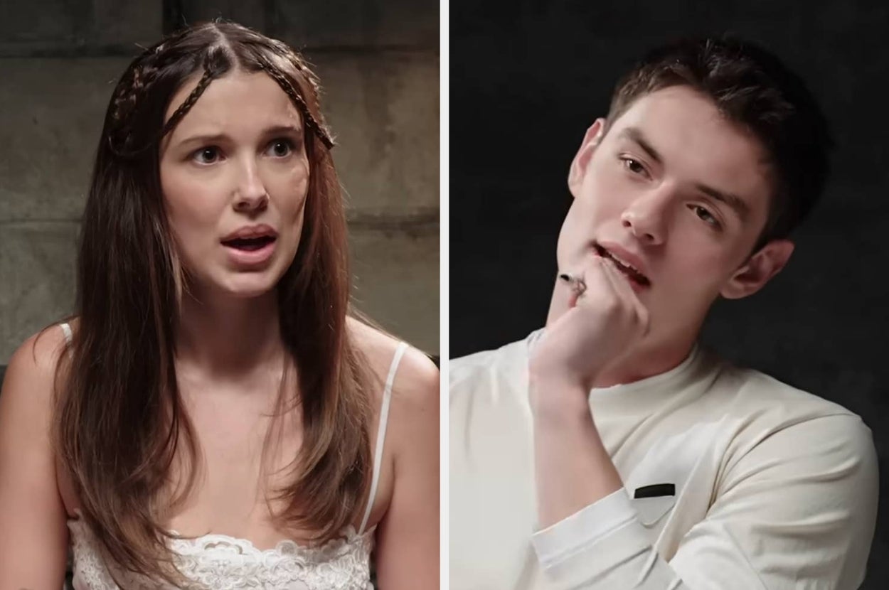 Millie Bobby Brown taking a lie detector test, with Louis Partridge asking questions