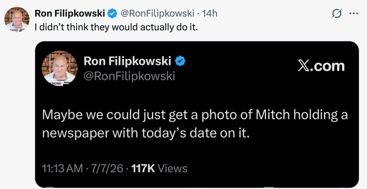 Tweet about photographing Mitch with a current newspaper for proof, highlighted in a social media post