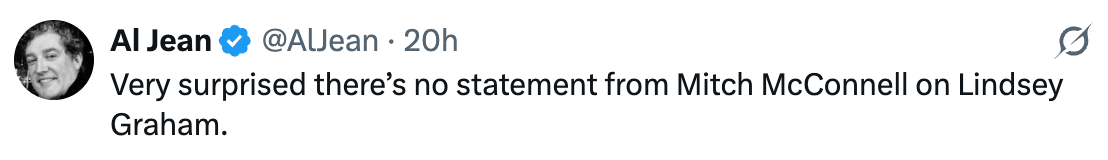 Tweet from Al Jean expressing surprise over the lack of a statement from Mitch McConnell regarding Lindsey Graham