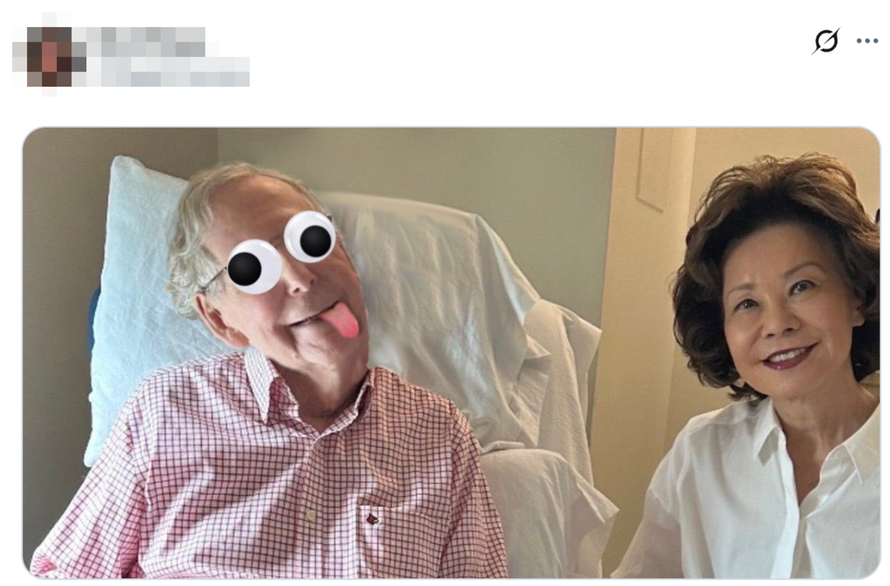 Two people are posing together, one with googly eyes and a cartoon tongue added to their face. Both are smiling at the camera