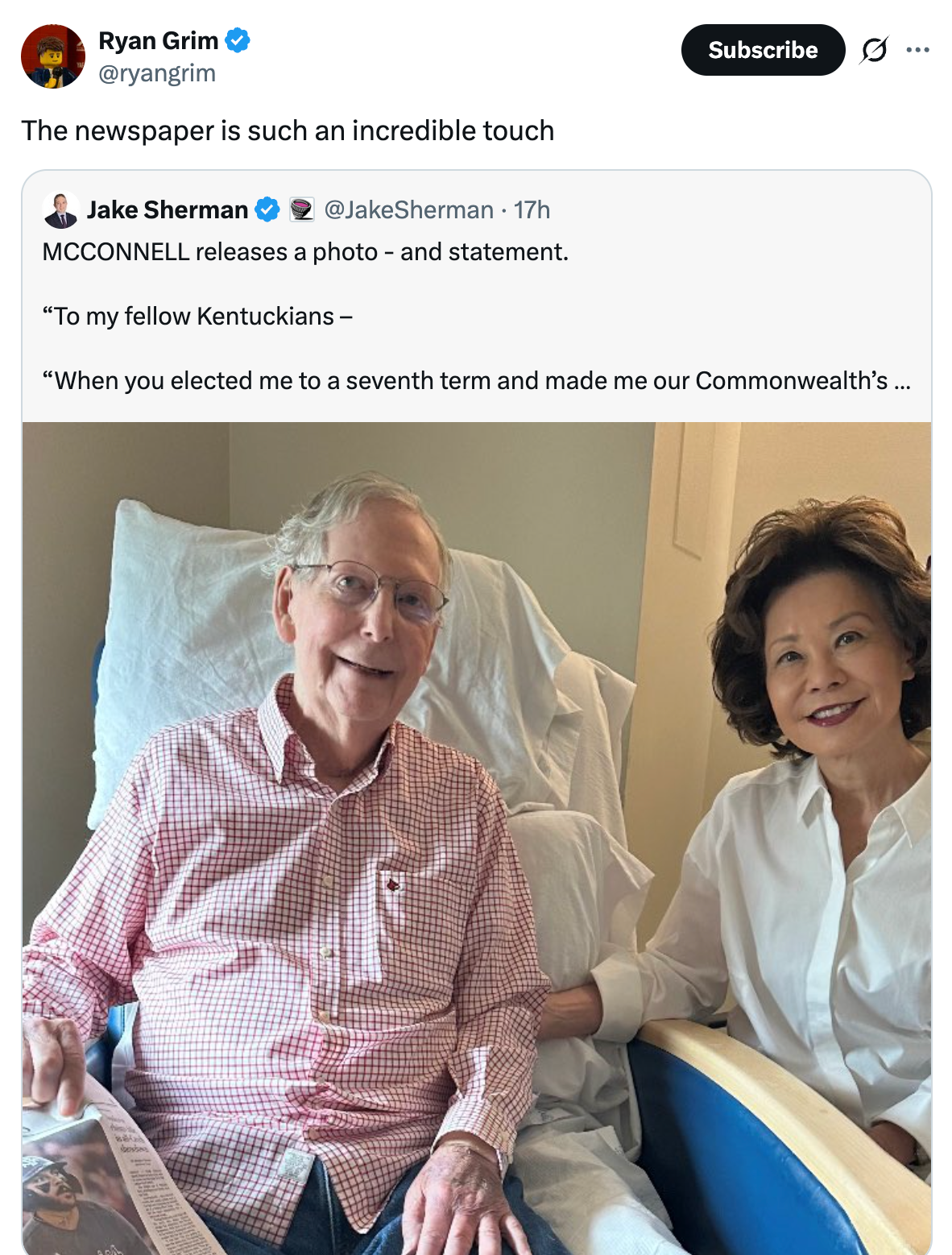 Two people sit together, one in a hospital setting holding a newspaper. A Twitter post above refers to a statement from Mitch McConnell