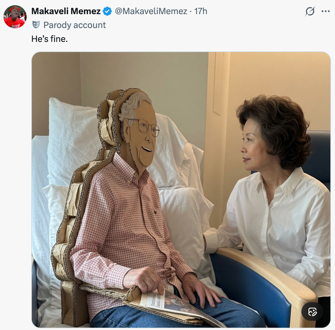 A person interacts with a cardboard cutout seated in a hospital-like environment, humorously captioned "He's fine" by a parody account
