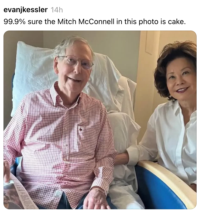 A man and woman sit together smiling; text humorously suggests the man might be a realistic cake replica