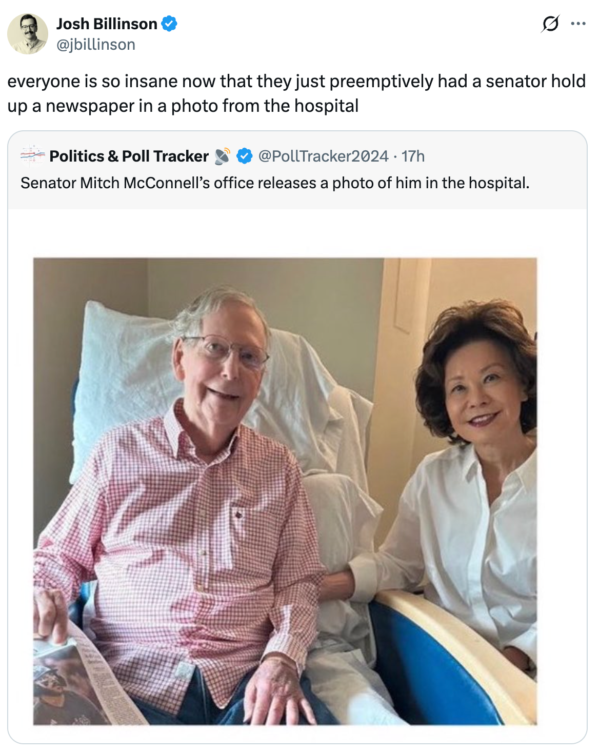 Tweet showing a playful photo of Mitch McConnell in a hospital bed holding a newspaper, sitting beside a woman. Caption comments on its purpose