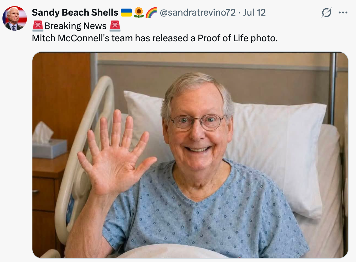 A man in a hospital gown smiles and waves from a bed. The tweet humorously labels the image as a "Proof of Life" photo about Mitch McConnell