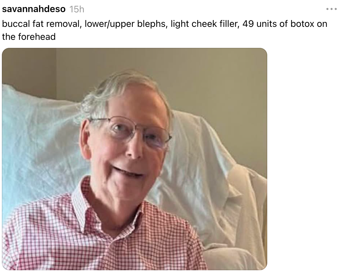 Person wearing glasses and a checkered shirt, smiling while sitting on a couch. Text above lists cosmetic procedures