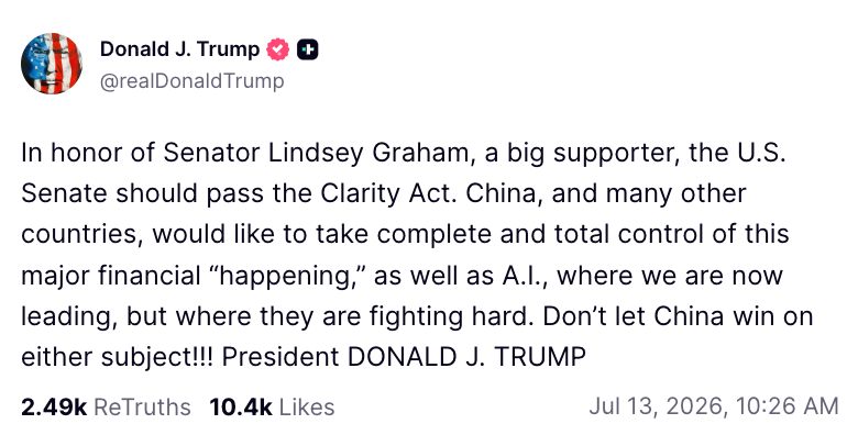 Sebuah postingan di media sosial oleh Donald J. Trump yang mendesak Senat AS untuk mengesahkan Clarity Act, mengecam Tiongkok, dan mendukung kepemimpinan AS di bidang AI