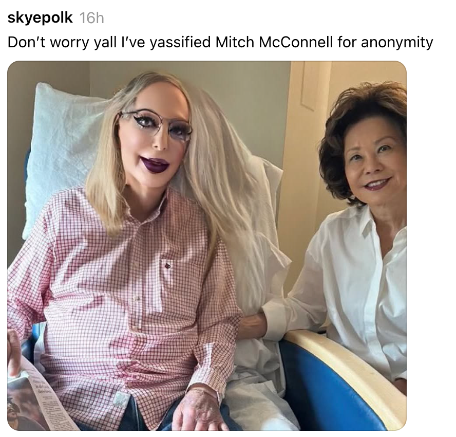 Two people sitting, one wearing a red checkered shirt and exaggerated makeup, the other in a white shirt. Text above adds humor about concealment