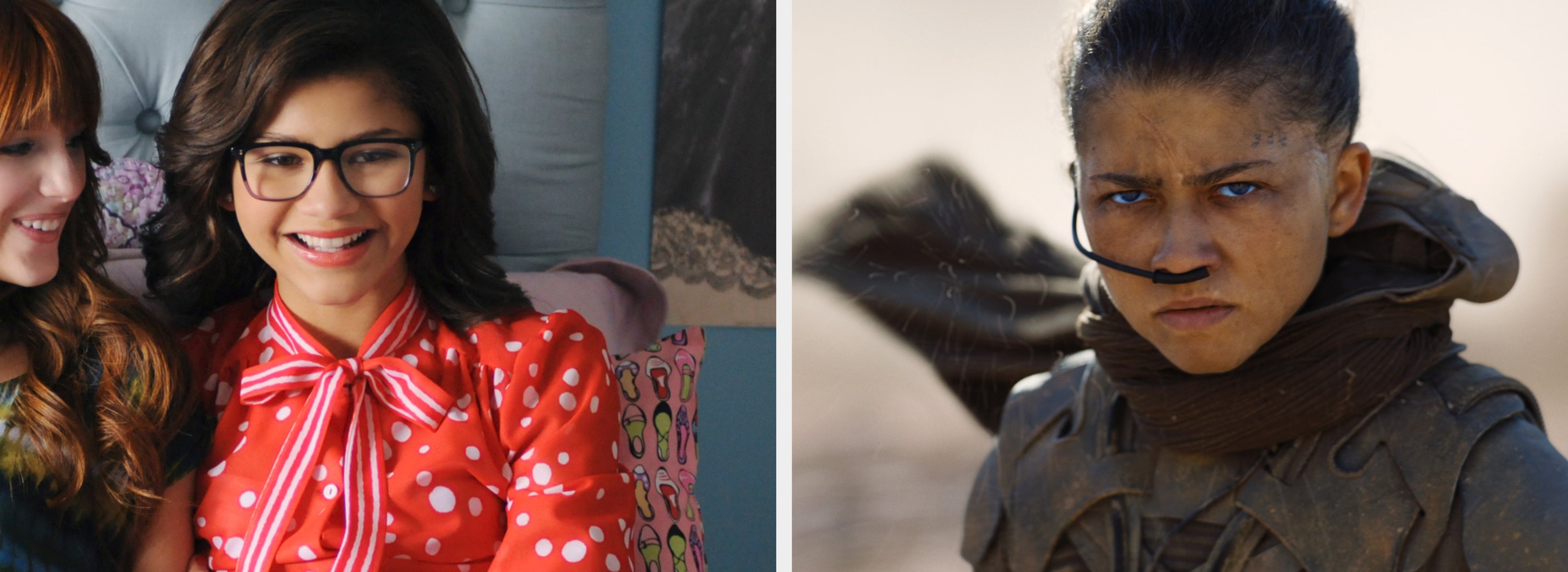 Two images side by side: On the left, is Zendaya in large glasses and a red polka dot blouse; on the right, is Zendaya in sci-fi desert attire with a nose tube