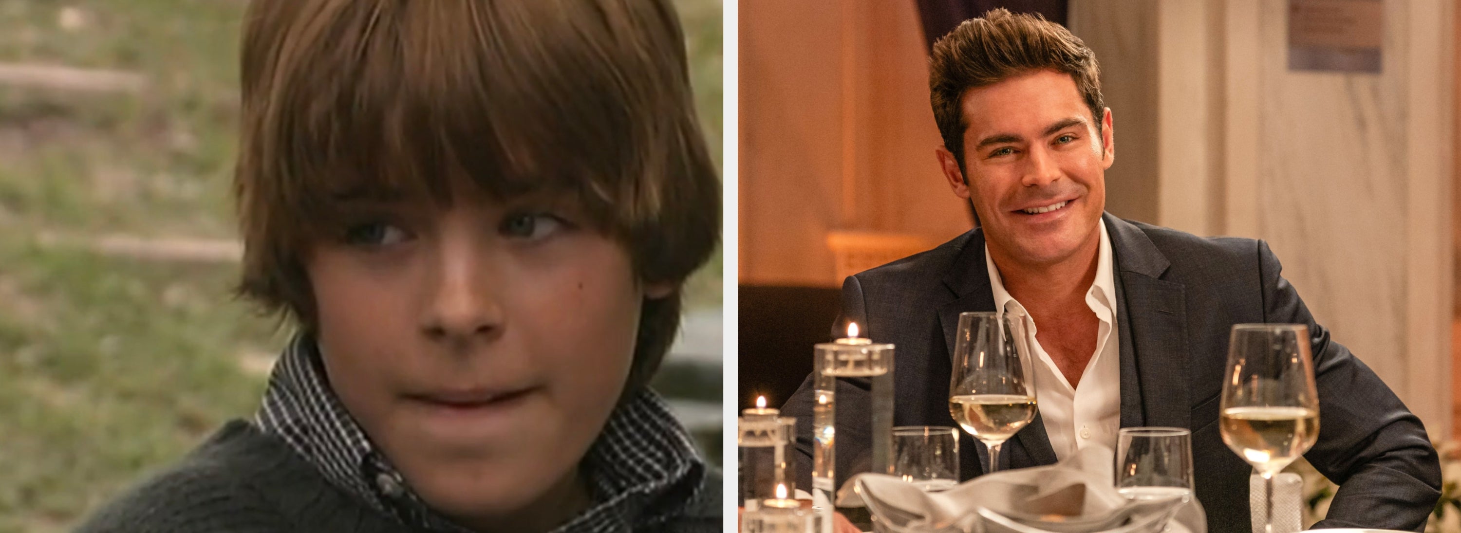 Two side-by-side images of the same person, younger Zac on the left and older Zac on the right, seated at a dinner table in formal attire