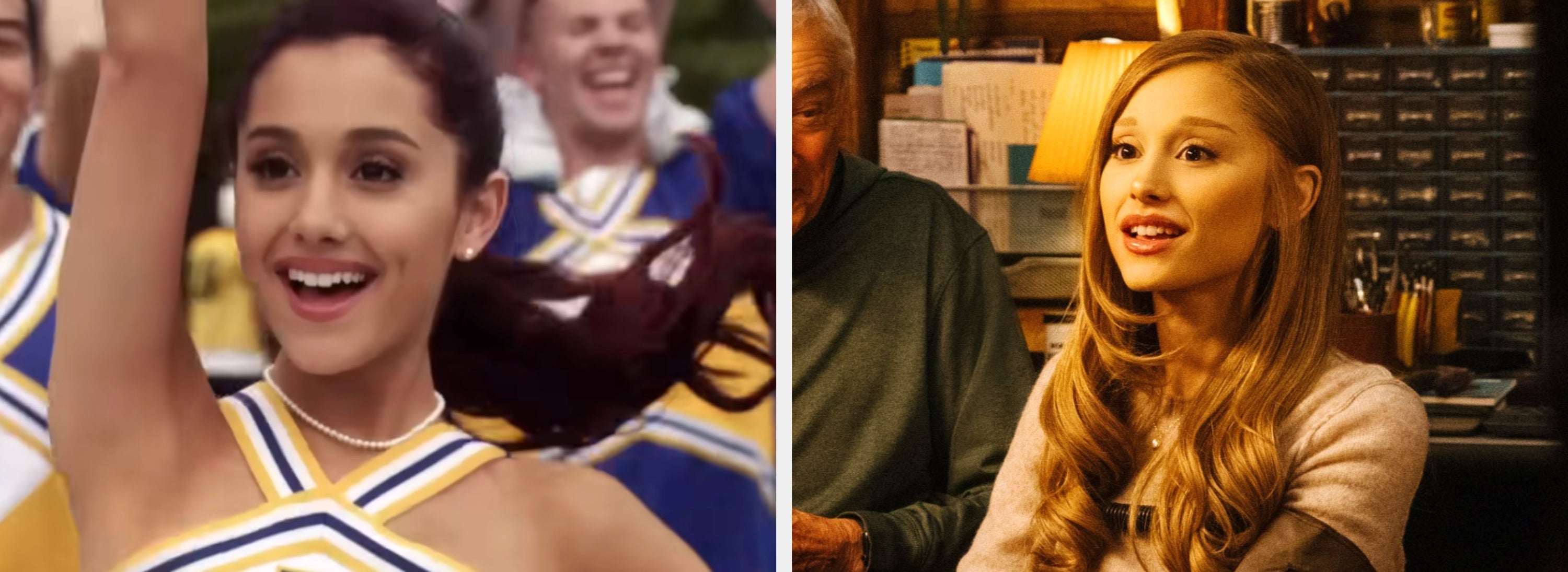 Ariana Grande in a cheerleader uniform, smiling on the left; and Ariana wearing casual attire, seated indoors on the right