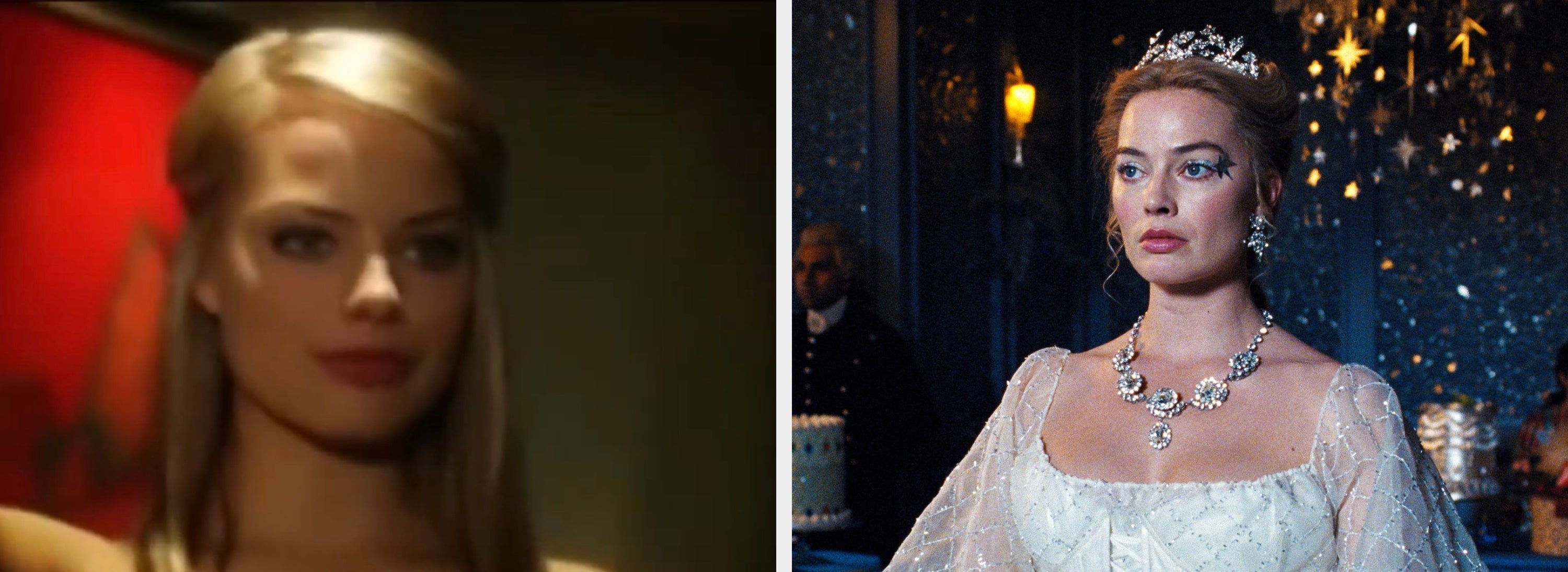 Two images of Margot Robbie: the first in a casual setting, the second in an elegant, jeweled gown at a formal event