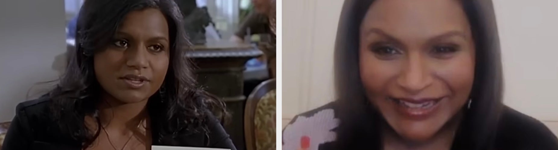 Two images of Mindy Kaling: on the left, acting in a scene; on the right, smiling in a casual setting during a video call