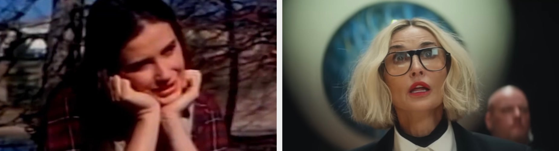 Two images: Left shows younger Demi Moore with hands on face, outdoors. Right shows more recent Demi Moore with large glasses and short hair, looking upwards in an indoor setting