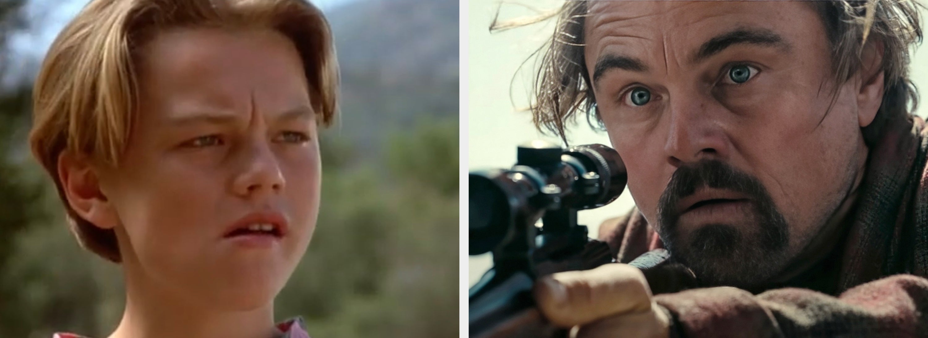 Leonardo DiCaprio in two scenes: youthful look, concerned expression; mature look, intense focus through a rifle scope