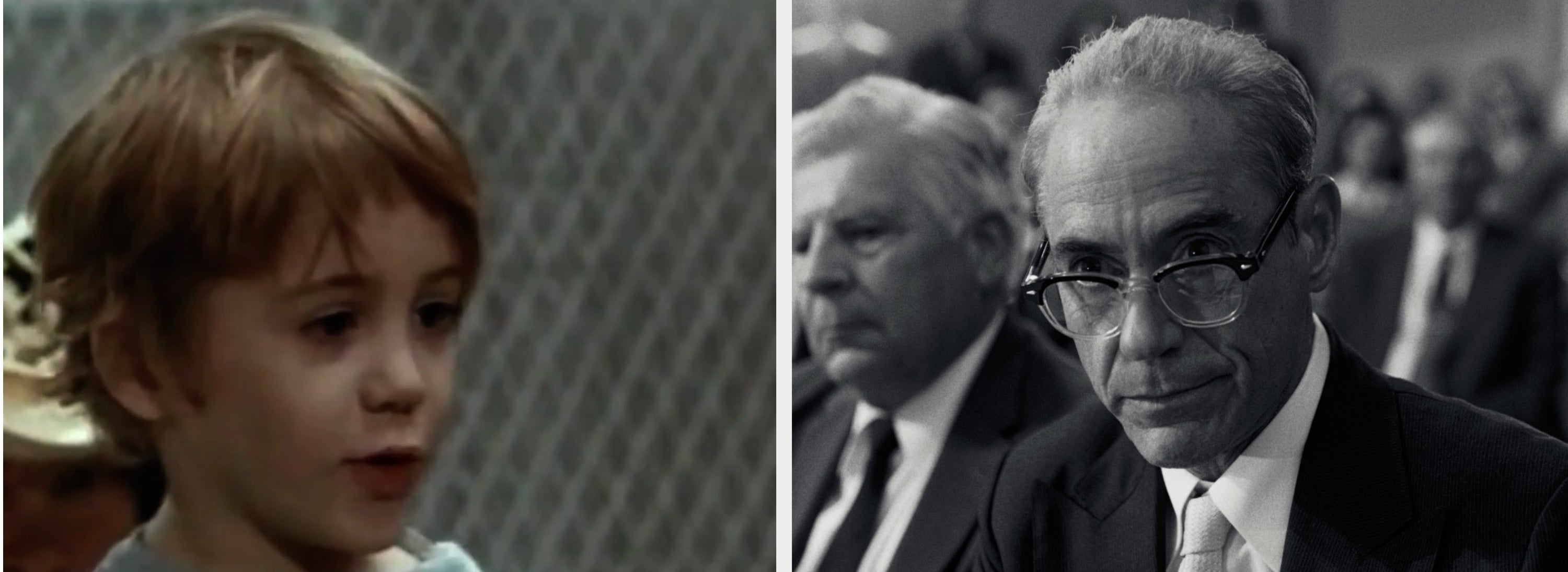 A split image shows young Robert Downey Jr speaking with a thoughtful expression and an older Robert Downey Jr in a suit and glasses sitting formally at a public event