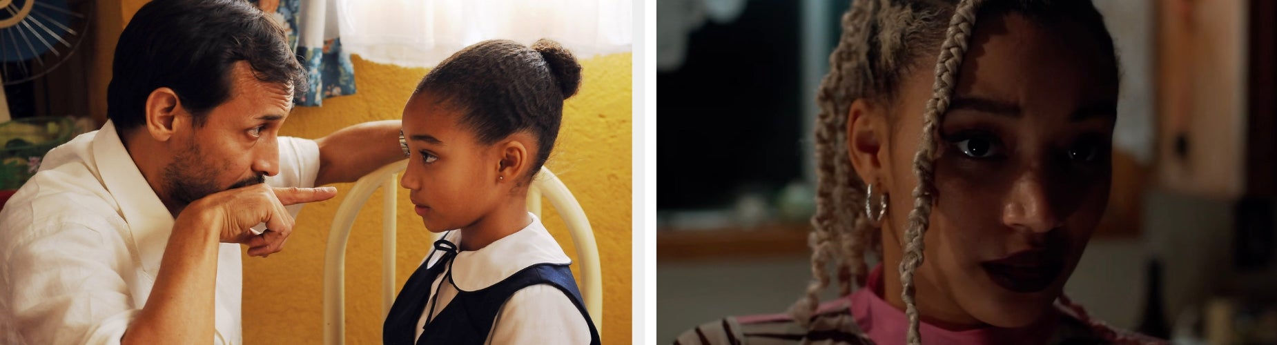 Two stills from a film: Jesse Borrego talking closely to young Amandla Stenberg in a school uniform, and Amandla with braided hair looking thoughtful