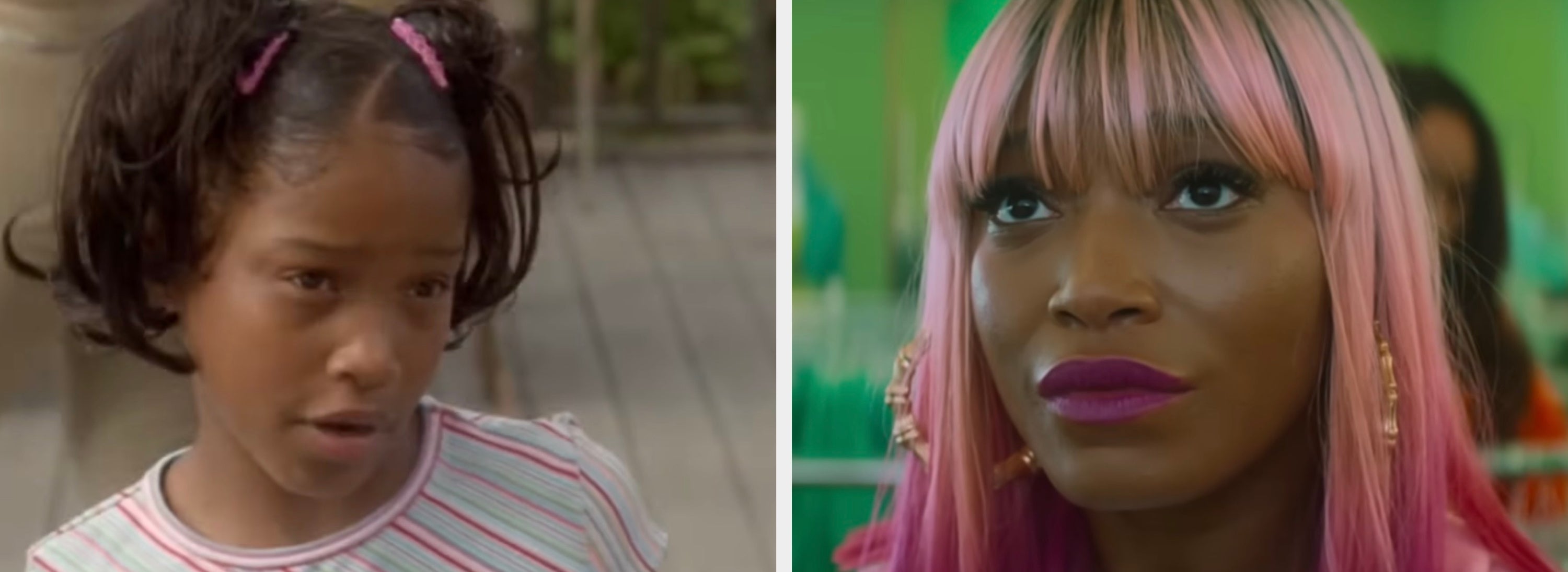 Two images of Keke Palmer at different ages: one as a child with pigtails and striped shirt, the other as an adult with pink hair and earrings