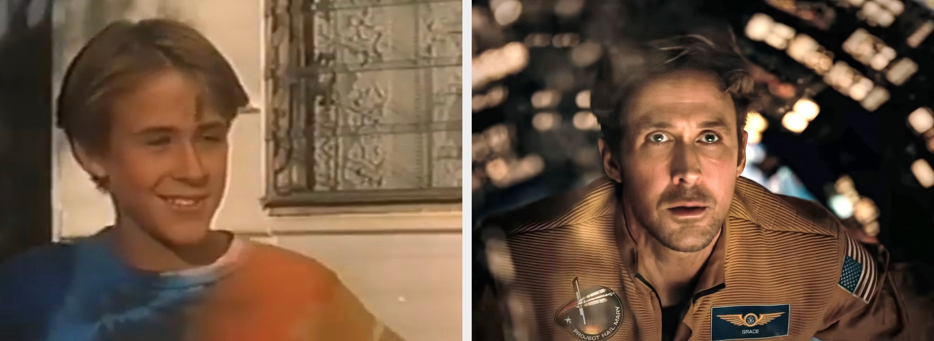 Two side-by-side images of Ryan Gosling. Left: Young Ryan smiling in casual wear. Right: Older Ryan, in a spacesuit, looking intently ahead