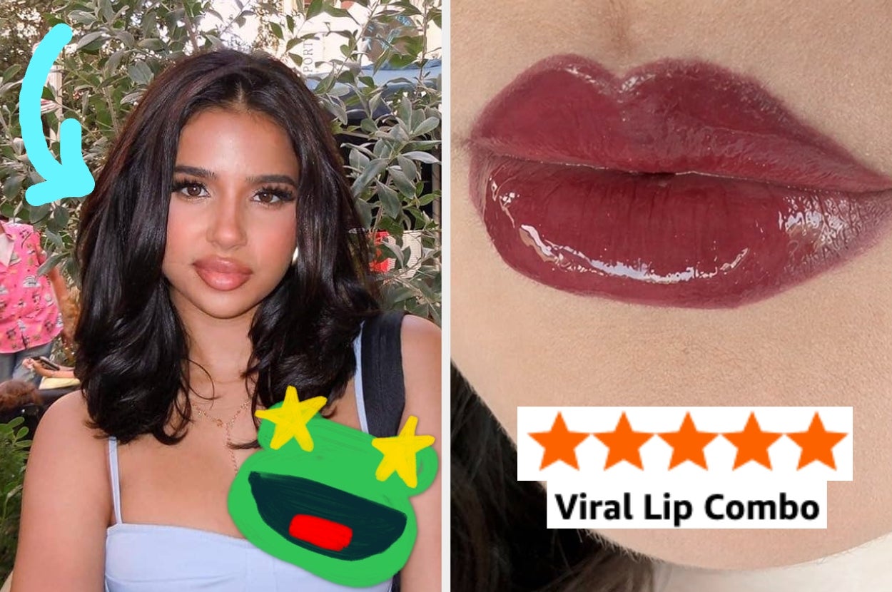Person with dark hair in a strapless top beside close-up of glossy lips with text: "Viral Lip Combo" and star ratings