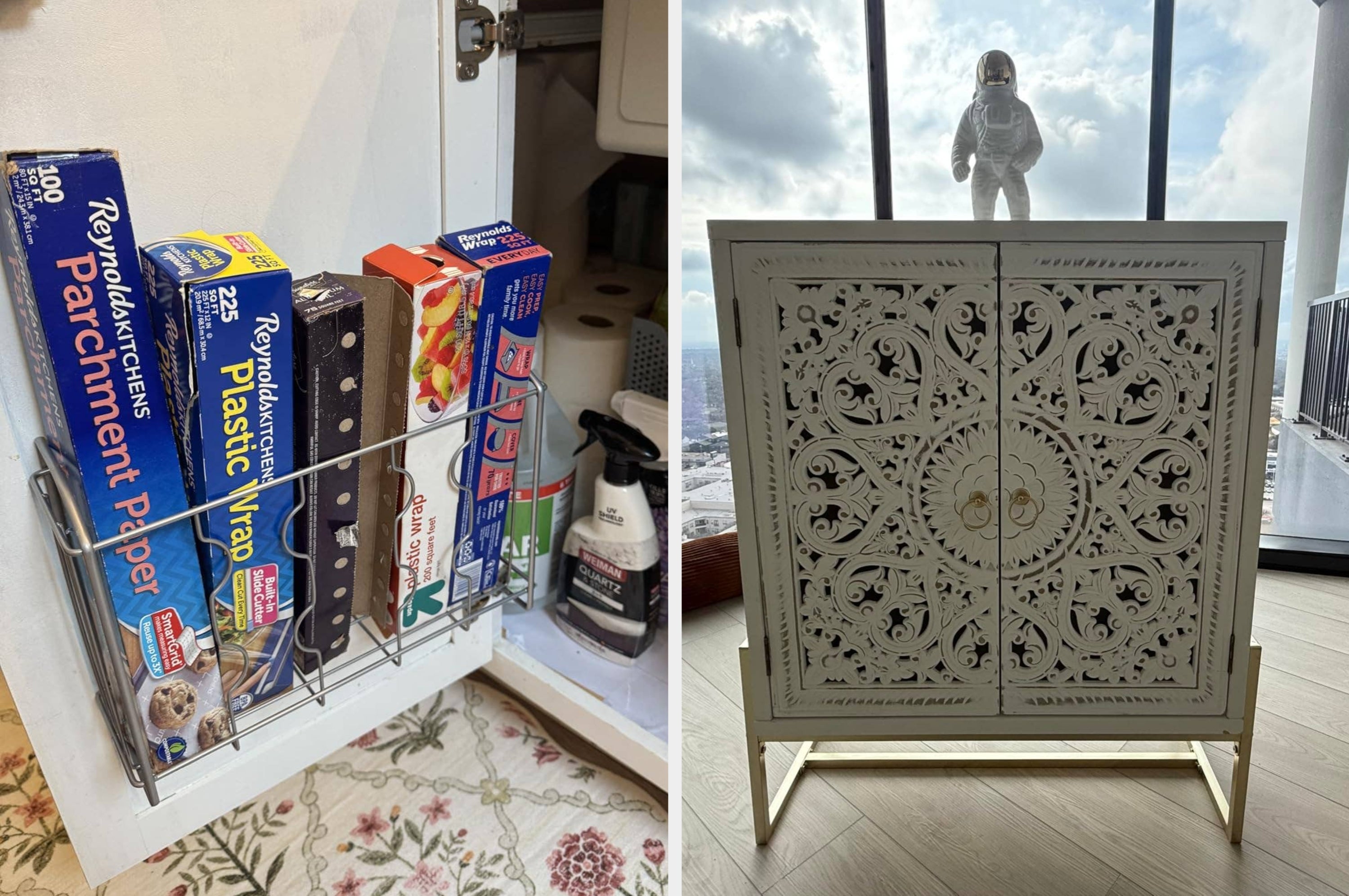Storage solutions: pants hanging on a circular hanger, cleaning supplies on a tiered cart, and kitchen wraps in a cabinet door organizer