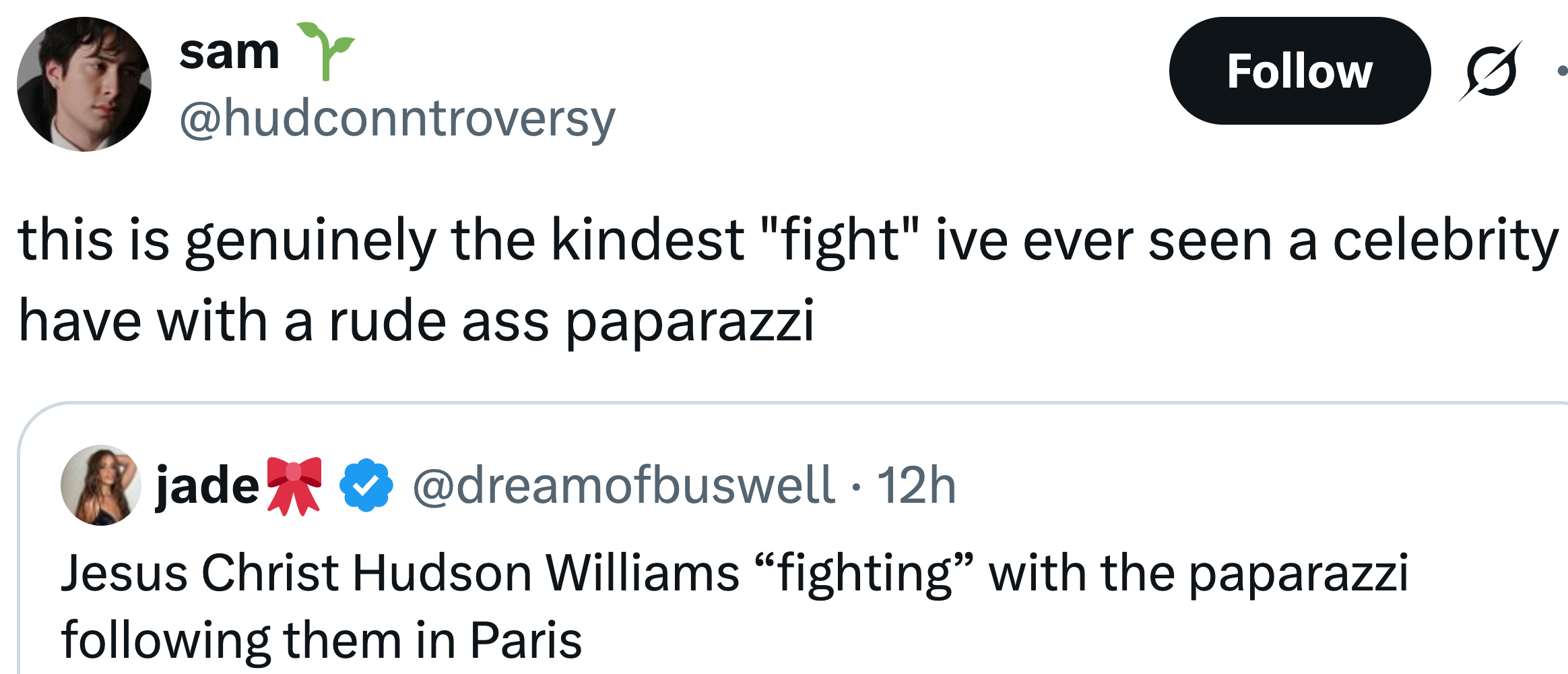 Social media posts discussing a celebrity's polite interaction with paparazzi in Paris