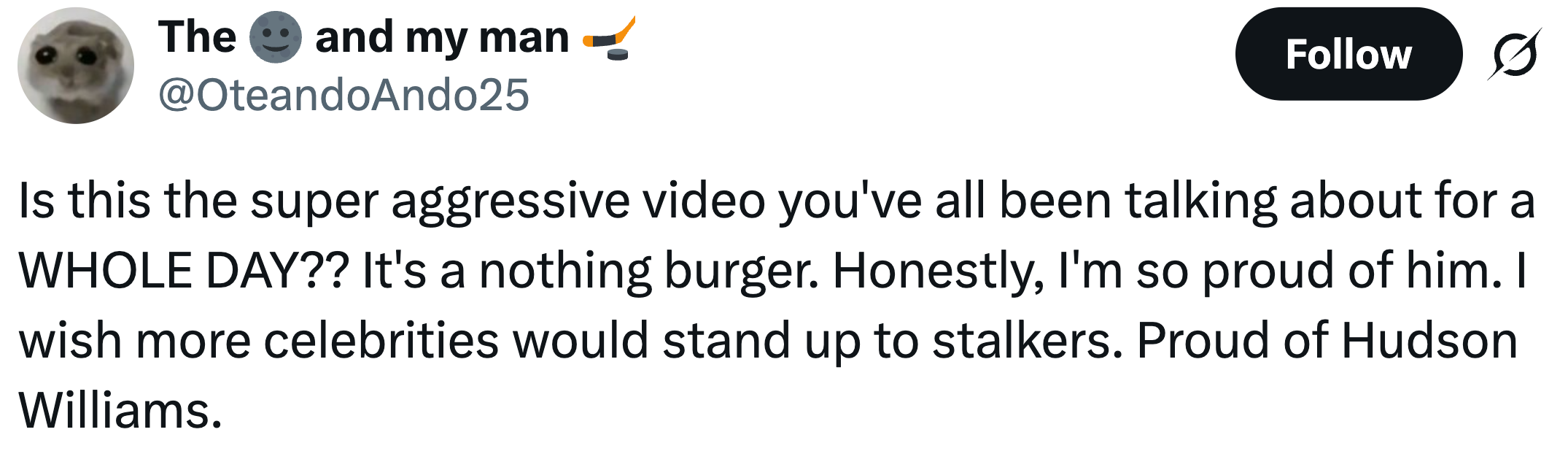 Tweet questioning the attention on an aggressive video, praising Hudson Williams for standing up to stalkers