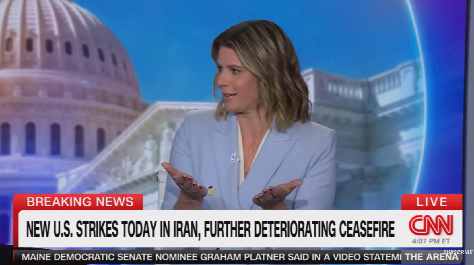 News anchor discusses US strikes in Iran, impacting ceasefire. Breaking news banner with text details main story