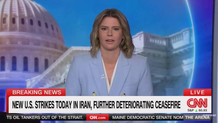 News anchor reports on US strikes in Iran affecting ceasefire; news ticker shows stock updates and other headlines