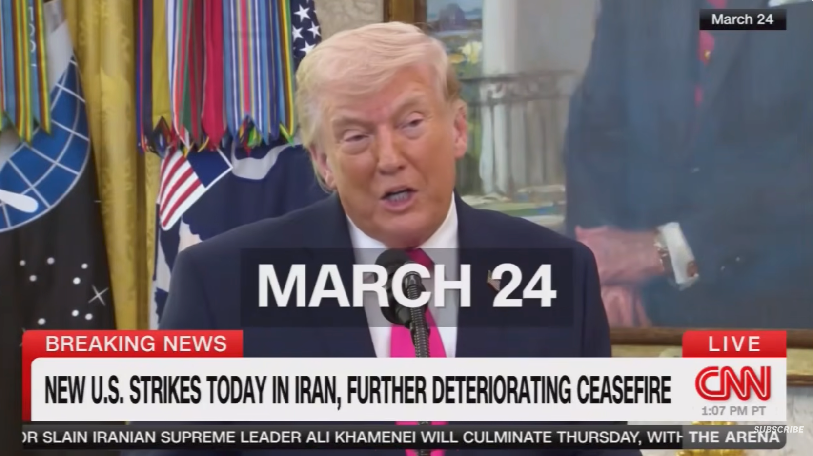 Trump speaking at a press event. Breaking news overlay reports US strikes in Iran affecting the ceasefire, dated March 24