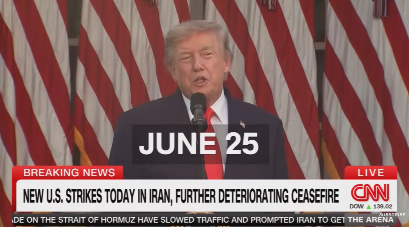 A person speaks at a podium with U.S. flags in the background. The screen reads "June 25" and "New U.S. strikes today in Iran, further deteriorating ceasefire."