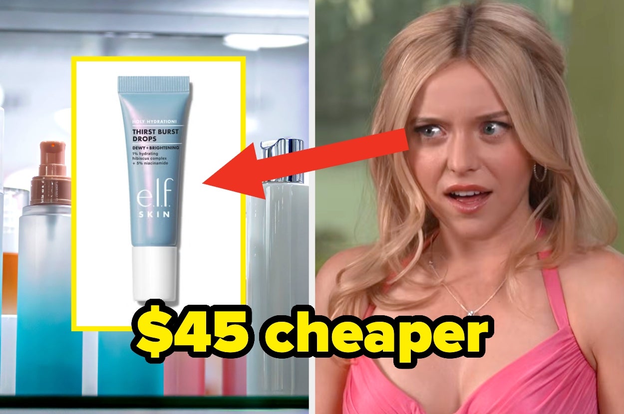 Beauty influencer reacts to an e.l.f. skincare product labeled "$45 cheaper" than a similar luxury item