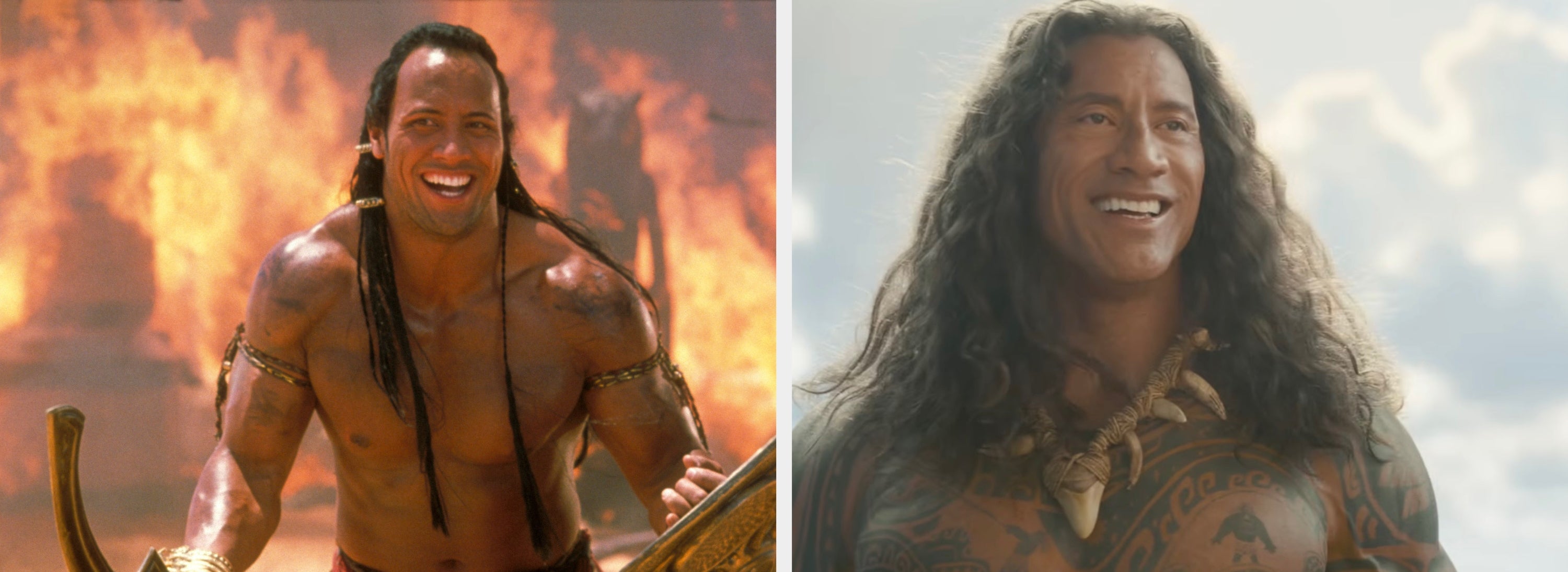 Two images of Dwayne Johnson, one holding a sword and shield in a fiery scene, the other shirtless in shorts with a determined expression indoors