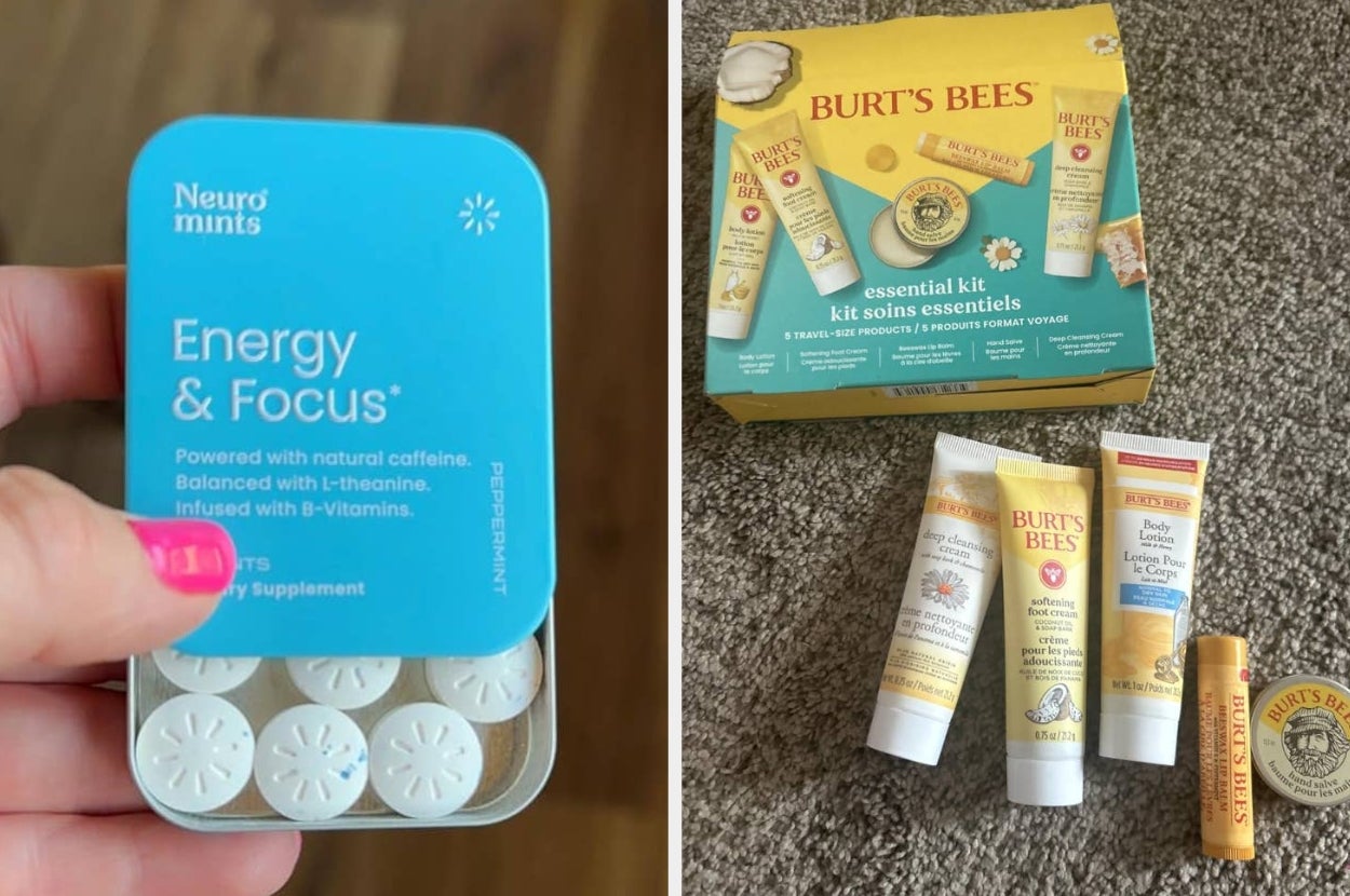 Left: Neuro Mints pack for energy and focus. Right: Burt's Bees essential kit with various skincare products