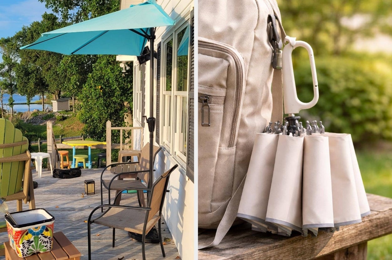 Left: Outdoor patio with seating and umbrella. Right: Backpack with a carabiner holding rolled-up documents