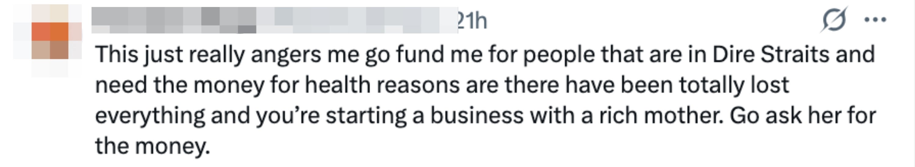 Tweet som kritiserer bruken av crowdfunding for å starte en bedrift i stedet for for mennesker i alvorlige helsemessige og økonomiske situasjoner